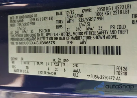 2016 Ford Escape Se z USA, uszkodzony, nr VIN 1FMCU0GX4GUB96575